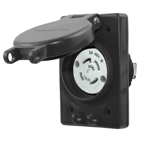 Hubbell Wiring Device-Kellems Watertight Devices, Twist-Lock Receptacle with Lift Cover, 30A, 3 Phase 480V AC, 3 Pole, 4 Wire, Thermoplastic elastomer, NEMA L16-30R, Black HBL69W76BK
